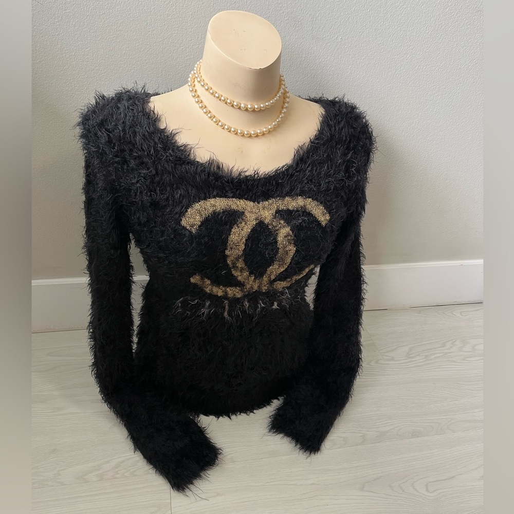 CHANEL Black Fuzzy Off the shoulder Sweater with Gold Emblem - Picture 2 of 8